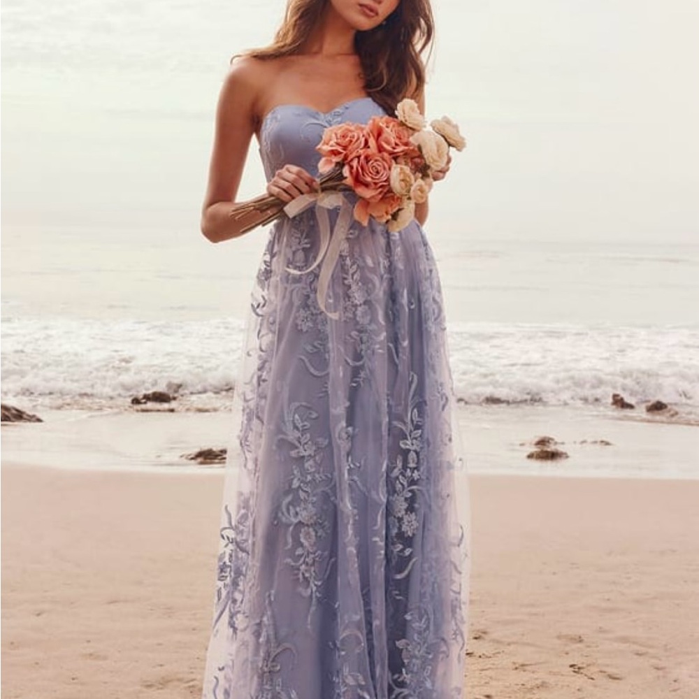 Lulu's Andria Slate Blue Embroidered Strapless Maxi Dress
